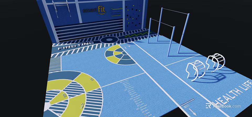 Residential Landscape Fitness Space With Blue Floor Geometric Patterns And Lines 3d model 