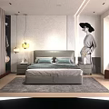 Modern Gray Double Bed with Headboard Pillows Blanket Nightstand Lamp and Wall Art