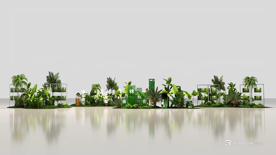 Green Plants And Modern Architectural Models On Smooth Surface With Reflection 3d model 