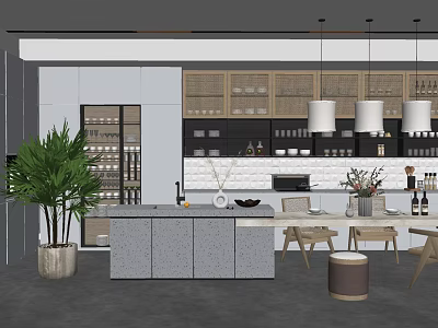 Modern Kitchen Interior Design With Island Counter Pendant Lights And Potted Plant 3d model
