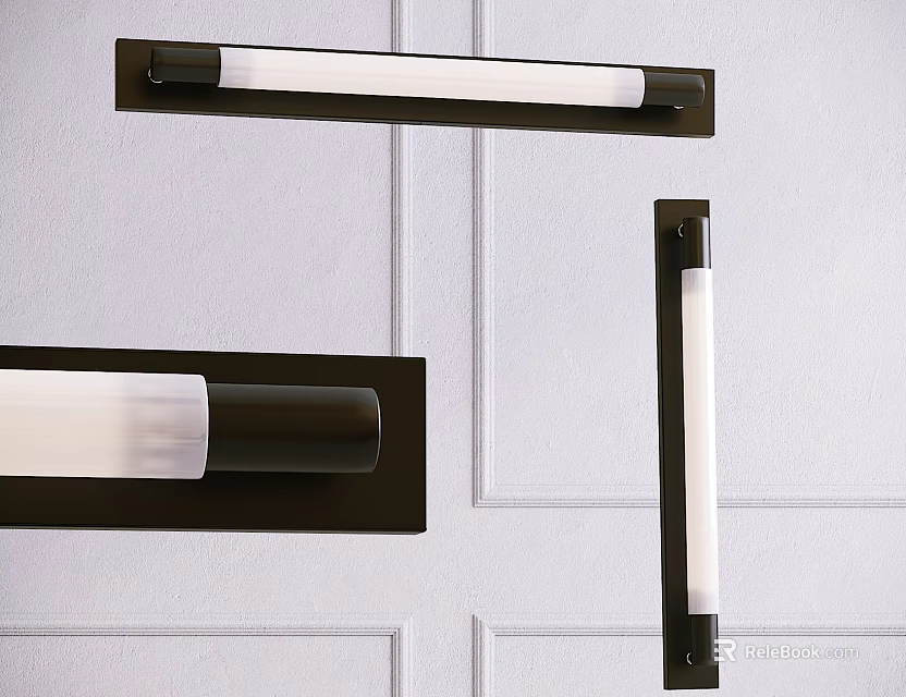 Modern Black Metal Wall Sconces With White Light On Paneled White Wall 3d model 