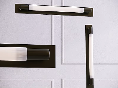 Modern Black Metal Wall Sconces With White Light On Paneled White Wall 3d model