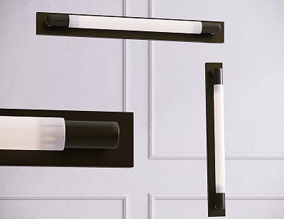 Modern Black Metal Wall Sconces With White Light On Paneled White Wall 3d model