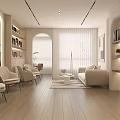 Modern Cozy Cream Toned Living Room With Curved Plush Sofa And Illuminated Wall Bookshelves