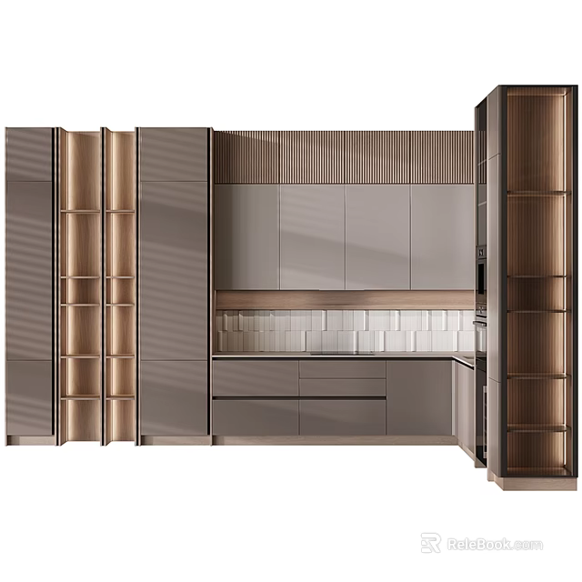 Modern Kitchen Cabinet Design With Drawers Closed Doors And Open Shelves 3d model 