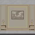 Beige Bedroom Accent Wall With Decorative Moldings Central Artwork And White Nightstands With Gold Lamps