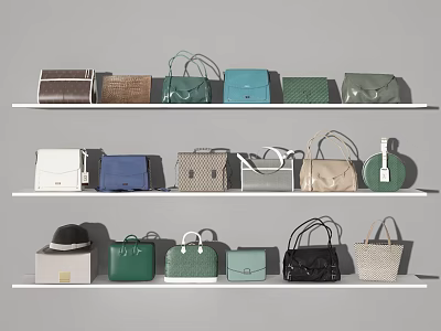 Various Stylish Handbags In Different Colors Neatly Displayed On White Shelves 3d model