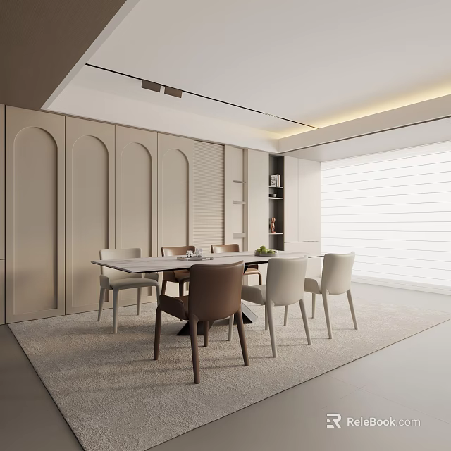Modern Dining Table Set with Neutral Tone Chairs Rug and Window Interior 3d model