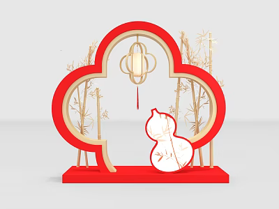 Traditional Chinese Window Display Decoration With Red Frame Lantern Bamboo And White Gourd 3d model