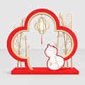 Traditional Chinese Window Display Decoration With Red Frame Lantern Bamboo And White Gourd