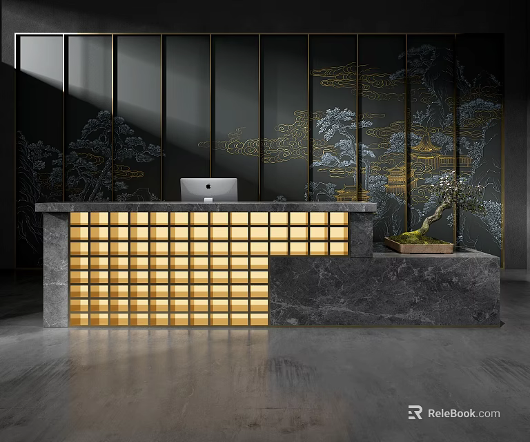 Elegant Front Reception Desk With Dark Decorative Wall Golden Accents Marble Countertop and Illuminated Grid Base 3d model 