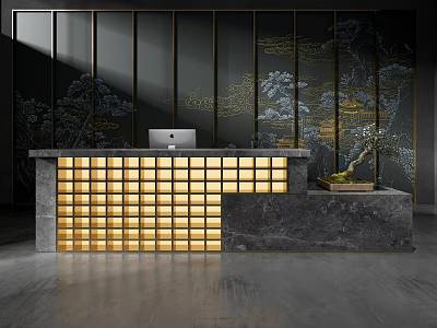 Elegant Front Reception Desk With Dark Decorative Wall Golden Accents Marble Countertop and Illuminated Grid Base 3d model