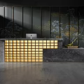 Elegant Front Reception Desk With Dark Decorative Wall Golden Accents Marble Countertop and Illuminated Grid Base
