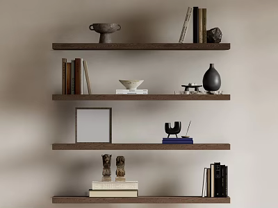 Stylish Wooden Wall Mounted Shelves With Books Decorative Vase Sculptures And Picture Frame 3d model