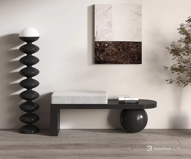 Modern Black Bench With White Cushion Near Abstract Painting And Floor Lamp On Wooden Floor 3d model 