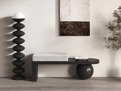 Modern Black Bench With White Cushion Near Abstract Painting And Floor Lamp On Wooden Floor 3d model