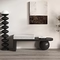 Modern Black Bench With White Cushion Near Abstract Painting And Floor Lamp On Wooden Floor