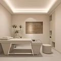 Elegant Modern Beauty Salon Interior With Beige Marble Massage Bed Storage Cabinets And Green Plants