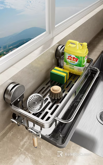 Kitchen Sink Cleaning Tools with Dish Soap Sponge Brush and Drainer Rack 3d model 