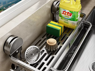 Kitchen Sink Cleaning Tools with Dish Soap Sponge Brush and Drainer Rack 3d model