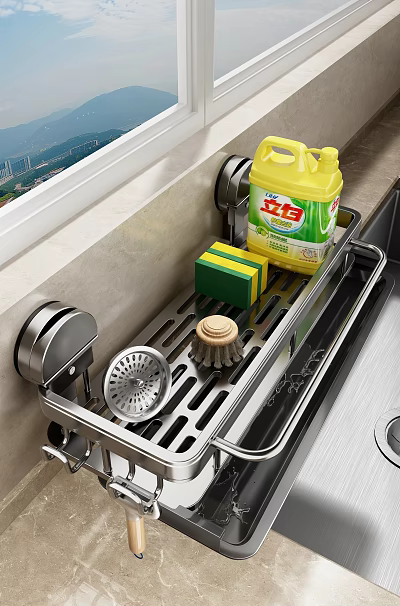 Kitchen Sink Cleaning Tools with Dish Soap Sponge Brush and Drainer Rack 3d model