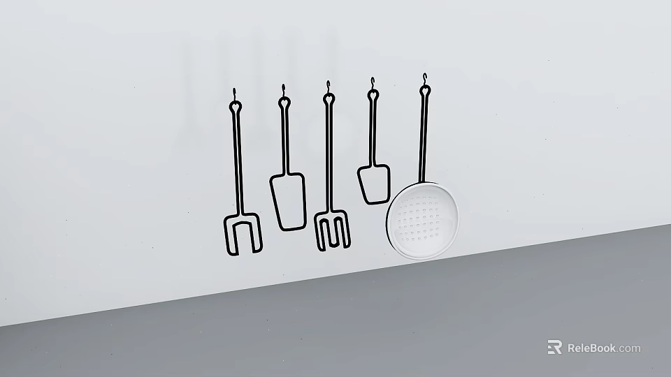 Simple Line Drawing Kitchen Utensils Hanging On White Wall With Spatulas Spoons And Slotted Spoon 3d model 