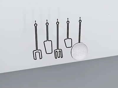 Simple Line Drawing Kitchen Utensils Hanging On White Wall With Spatulas Spoons And Slotted Spoon 3d model