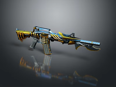 Ornate Assault Rifle With Gold Blue Accents And Shiny Metallic Finish 3d model