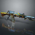 Ornate Assault Rifle With Gold Blue Accents And Shiny Metallic Finish