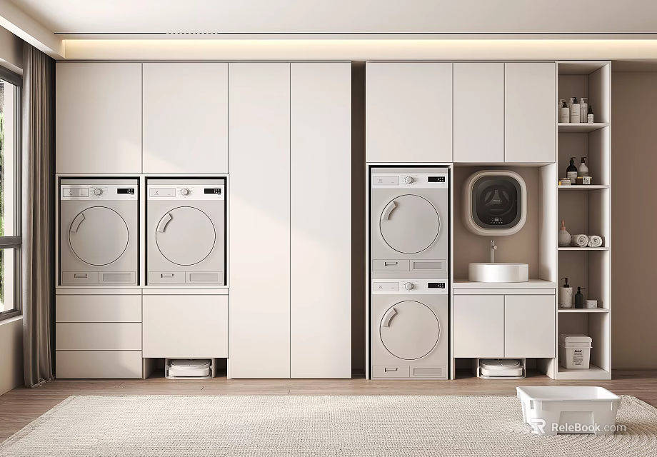 Modern Bathroom Cabinet Rack with White Cabinets Washing Machines Dryer Sink and Storage Shelves 3d model 