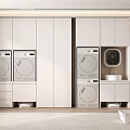 Modern Bathroom Cabinet Rack with White Cabinets Washing Machines Dryer Sink and Storage Shelves