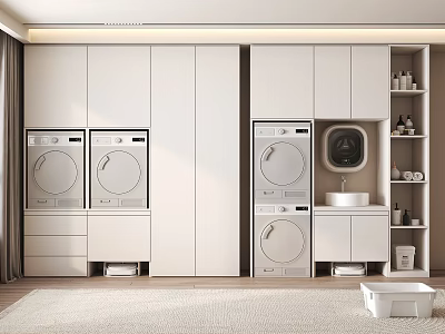 Modern Bathroom Cabinet Rack with White Cabinets Washing Machines Dryer Sink and Storage Shelves 3d model