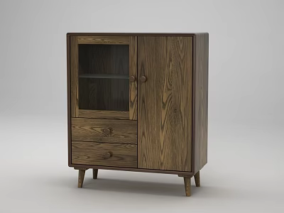 Natural Oak Wood Texture Sideboard with Glass Door Drawers and Wooden Legs 3d model