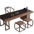 Modern Chinese Solid Wood Tea Table and Chairs with Tea Set and Stools 3d model
