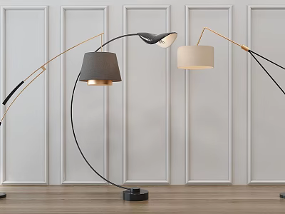 Modern Floor Lamps With Black Gold Stand And Gray White Shade In Living Room Interior 3d model