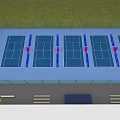 Multiple Blue Sports Courts With Pink Net Posts Green Fencing And White Building
