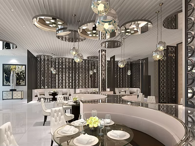 Modern Restaurant Interior With Elegant Chandeliers Decorative Screens And Dining Tables 3d model