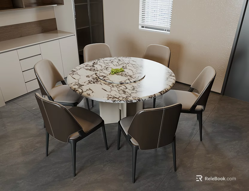 Elegant Modern Round Dining Table Set With Marble Top And Gray Chairs 3d model