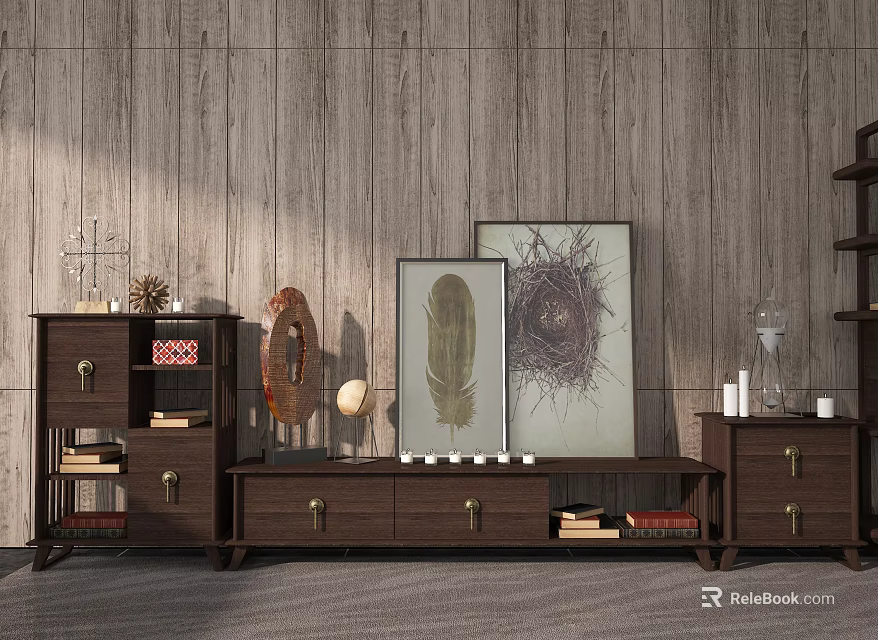 Wooden TV Stand With Storage Drawers And Framed Art Decorative Items 3d model 