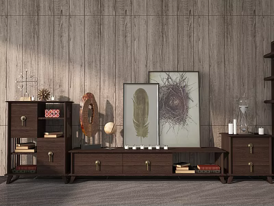 Wooden TV Stand With Storage Drawers And Framed Art Decorative Items 3d model