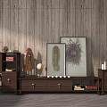 Wooden TV Stand With Storage Drawers And Framed Art Decorative Items