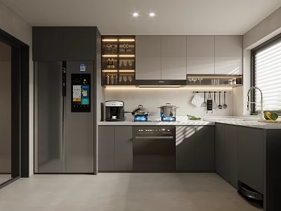 Modern Kitchen Interior With Grey Cabinets Stainless Steel Refrigerator Coffee Machine And Dishwasher 3d model