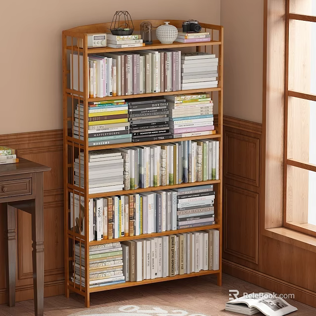Wooden Bookshelf Filled With Assorted Books In Cozy Home Interior Design 3d model 