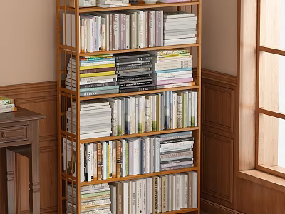 Wooden Bookshelf Filled With Assorted Books In Cozy Home Interior Design 3d model