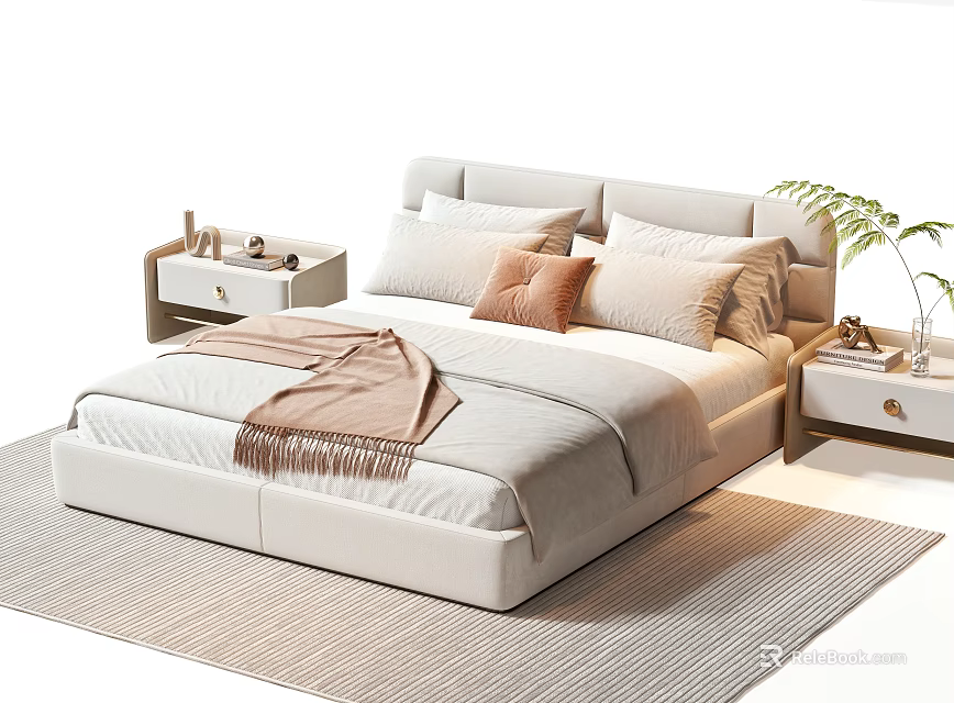 Modern Light Colored Double Bed With Pillows Cushion Bedside Tables Green Plant And Rug 3d model 