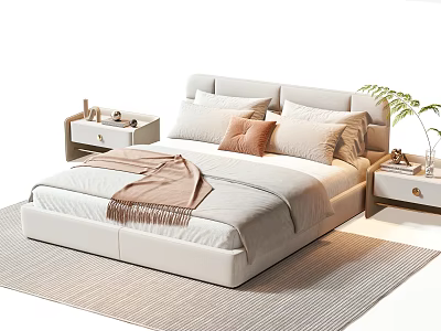 Modern Light Colored Double Bed With Pillows Cushion Bedside Tables Green Plant And Rug 3d model