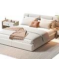 Modern Light Colored Double Bed With Pillows Cushion Bedside Tables Green Plant And Rug