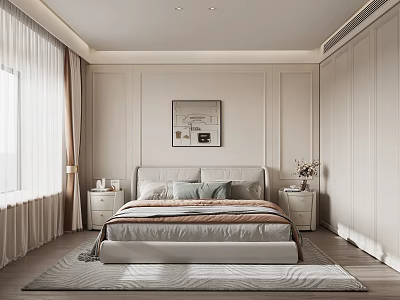 Modern Neutral Bedroom Interior Design With Large Bed Bedside Wall Art Nightstands And Window Curtains 3d model