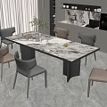 Modern Dining Table Set With Marble Top Six Gray Brown Chairs And Plant