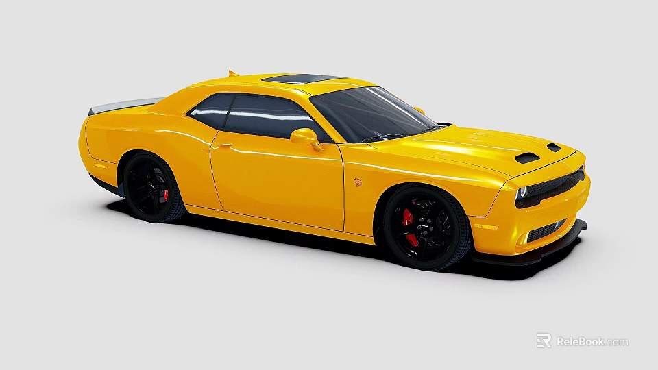 Yellow Dodge Challenger Two Door Coupe With Black Wheels And Red Brake Calipers 3d model 